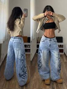 SHEIN Jeans acampanados con estampado vintage para mujer de talla grande - Lavado ligero - Ver 2