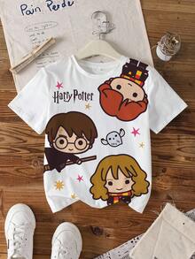 HARRY POTTER X SHEIN Tween Girl Cartoon Portrait Print Round Neck Short Sleeve T-Shirt - White - View 1