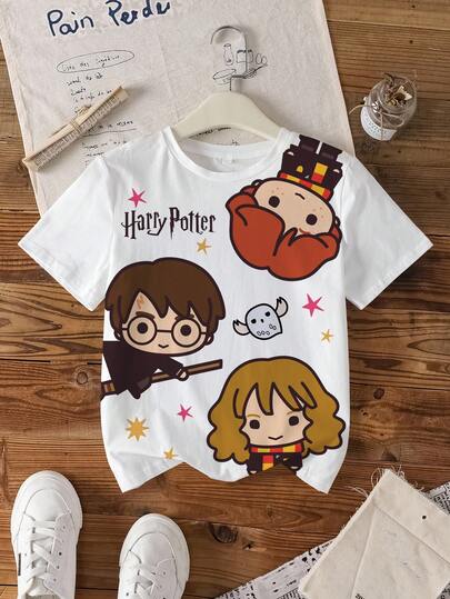 HARRY POTTER X SHEIN Tween Girl Cartoon Portrait Print Round Neck Short Sleeve T-Shirt