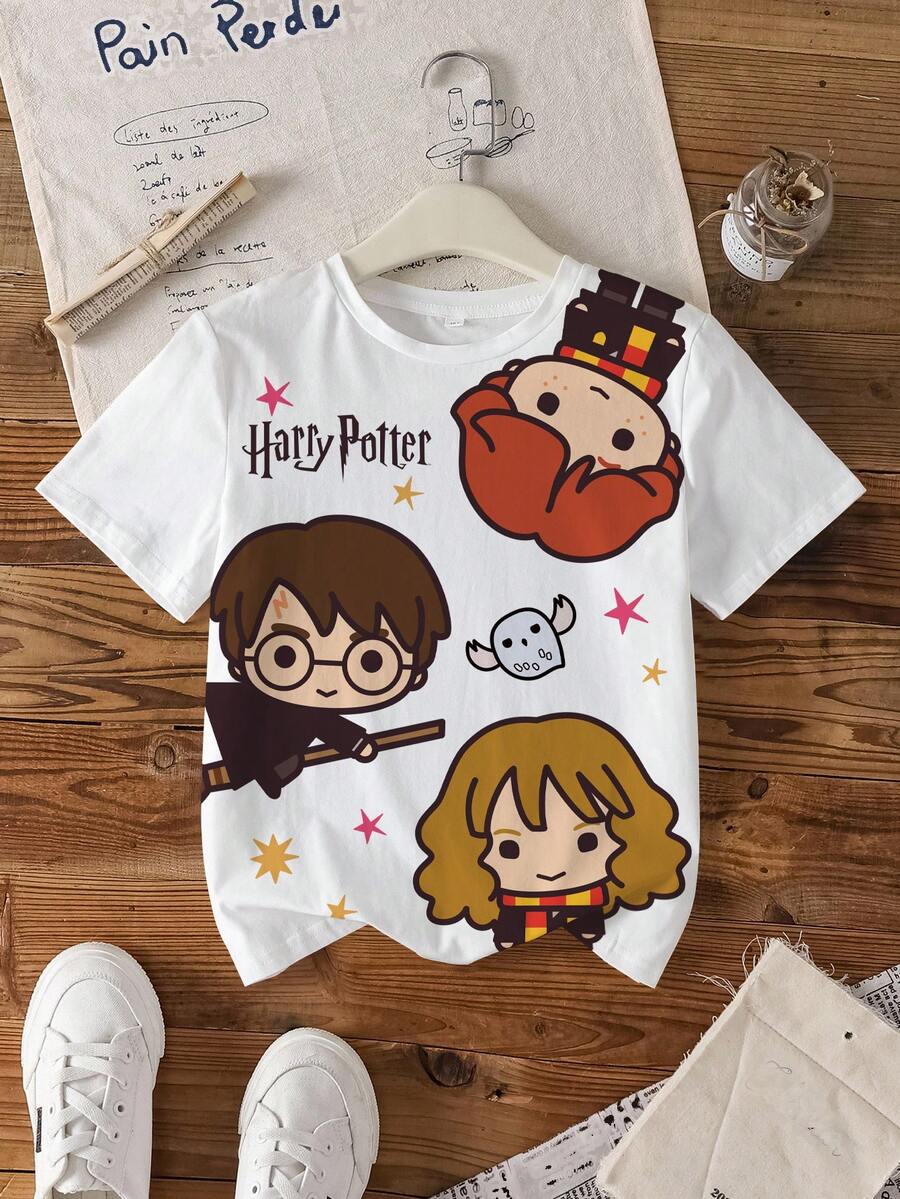 HARRY POTTER X SHEIN Tween Girl Cartoon Portrait Print Round Neck Short Sleeve T-Shirt - White - View 1