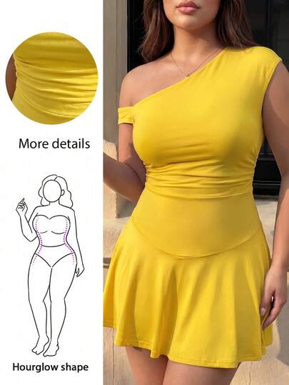 Hourglow Mono de verano casual de talla grande con hombros descubiertos y fruncido en unicolor