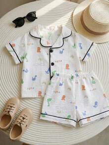 SHEIN Toddler Boys' Casual Dinosaur Print Short Sleeve Shorts 2pcs Set, Comfortable Loungewear - Beige - View 1