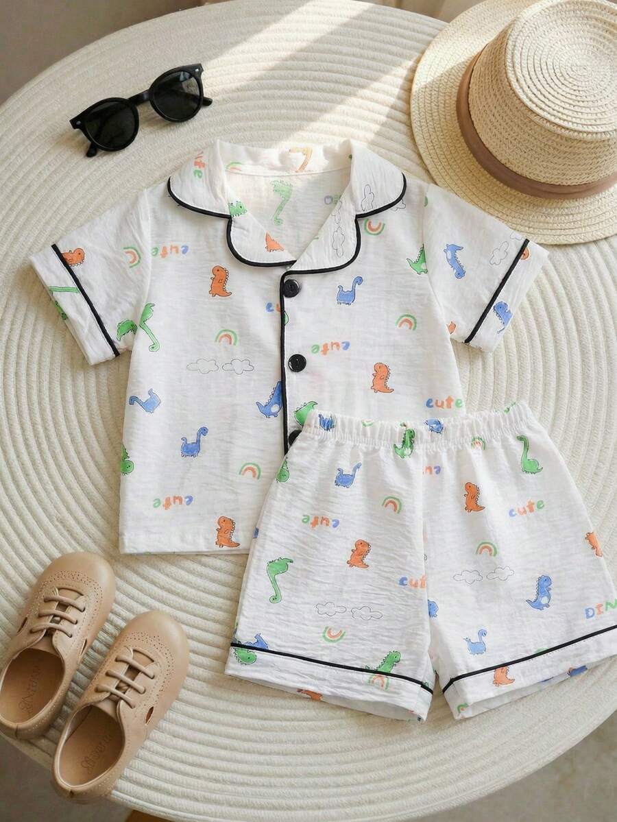 SHEIN Toddler Boys' Casual Dinosaur Print Short Sleeve Shorts 2pcs Set, Comfortable Loungewear - Beige - View 1
