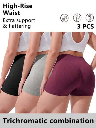 SHEIN Rhythm Era 3pcs/Set Plus Size Seamless Solid Color Women's Sports Shorts, Pleated Butt Workout Shorts, Stretchy Shorts. This Shorts Set Is Suitable For Yoga, Sports, Fitness, Outdoor Activities And Training. The Fabric Is Soft And Stretchy. It Is A Best-Selling Product, Suitable For Spring, Summer And All Year Round Wear. They Are A Popular Style.