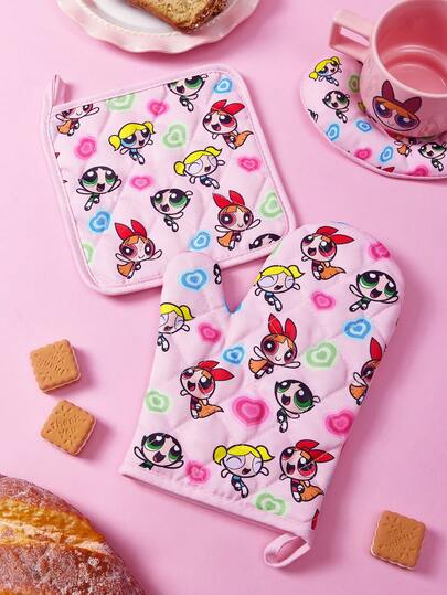 THE POWERPUFF GIRLS X SHEIN 1/2 件装飞天小女警印花隔热套装，烤箱手套/隔热垫，厨房烘焙必备，有效隔离热源，单件/组合装