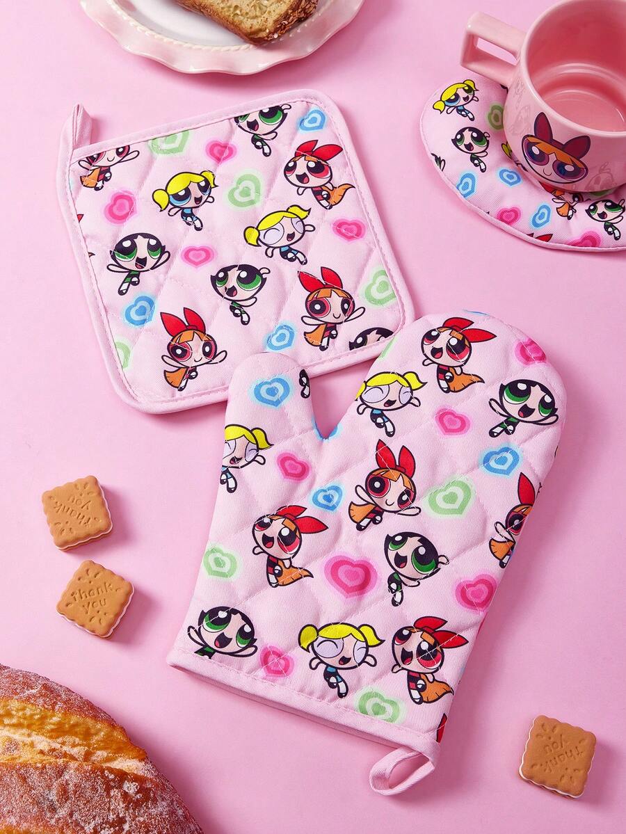 THE POWERPUFF GIRLS X SHEIN Bộ 1/2 món in hình , bao gồm găng tay lò nướng/tấm cách nhiệt, vật dụng cần thiết cho việc nướng bánh trong bếp, giúp cách ly nguồn nhiệt hiệu quả, có thể mua lẻ hoặc kết hợp. - Xem 1