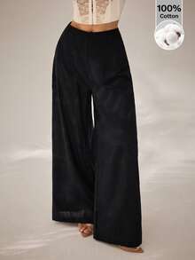 SHEIN PETITE Women's Simple Casual High-Waisted Wide-Leg Cotton Trousers, Suitable For Back-To-School And Commuting - Black - View 4