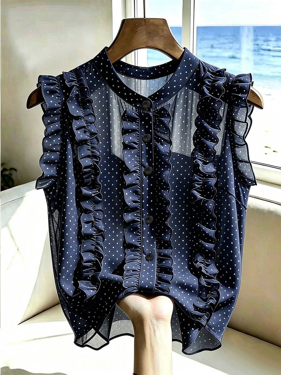 Franclia Women's Black Polka Dot Chiffon Blouse, Elegant Romantic Ruffle Hem - Navy Blue - View 1