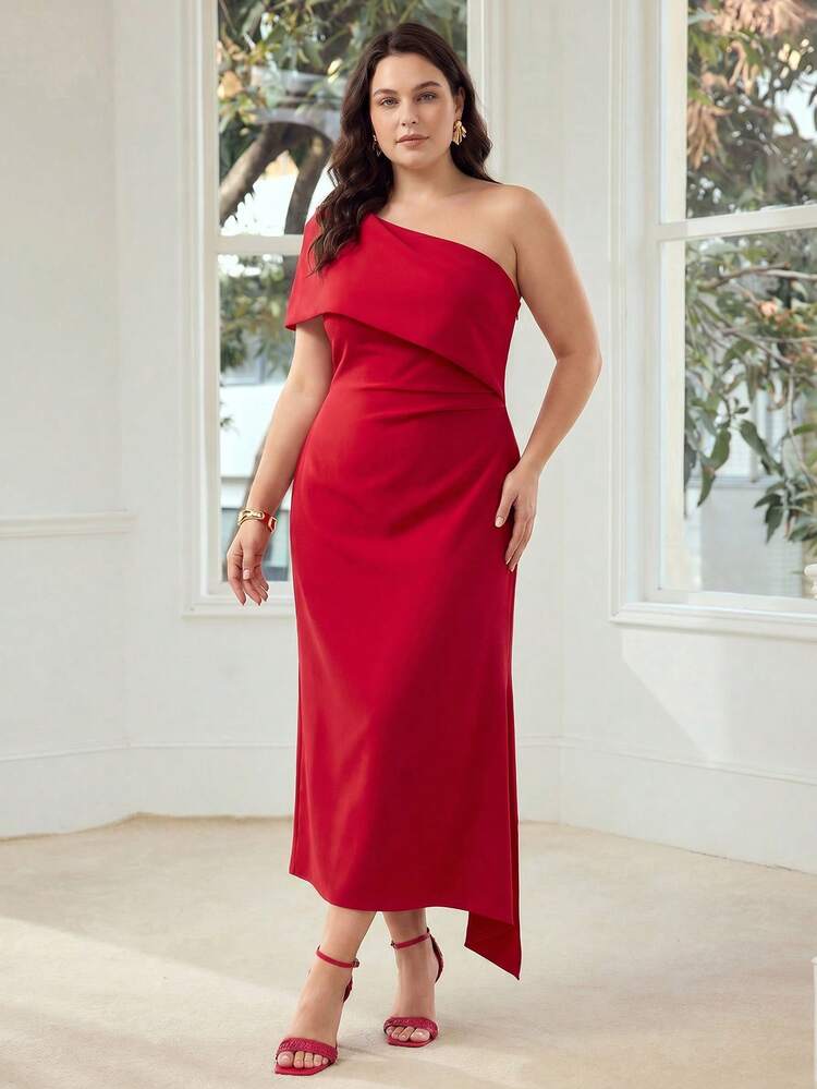PLUS SIZE WOMEN'S SPRING/SUMMER ONE SHOULDER FITTED ELEGANT DRESS