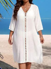 Swim Lushoire Plus Size Crochet Patchwork Deep V-Neck Loose Beach Cover Up Dress, White - White - View 4