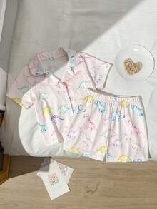 SHEIN 2pcs/Set Baby Girls' Cute Colorful Dinosaur Print Short Sleeve Cardigan Top And Shorts Comfortable Pajamas Set, Summer - Multicolor - View 7