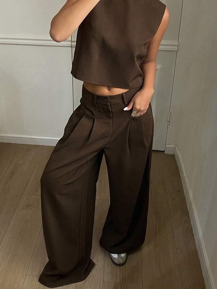 Women's Solid Color Round Neck Top And Pants Casual Two Pieces Set Petite
