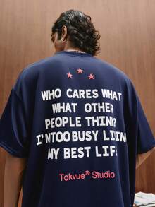 TOKVUE Camiseta suelta con estampado de eslogan blanco de estilo casual de calle - Azul Marino - Ver 3