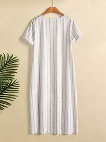 Rusticease Women's Round Neck Striped Casual Daily Summer Dress - White - View 2