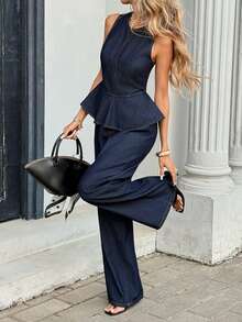 2pcs/Set Navy Blue Denim Sleeveless Loose Ruffle Hem Top And Pants For Teen Girls - Blue - View 2