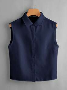 Rusticease Solid Button Front Sleeveless Shirt,Casual - Navy Blue - View 4