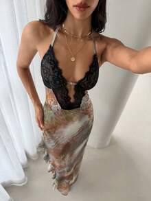 Aloruh Damen Frühlings- & Sommer-Urlaubskleid mit Leoparden Batik-Muster, Mesh-Muster, Neckholder, Spitzen-Patchwork, extra langem Schlitz und Rüschensaum - Verschiedenfarbig - Übersicht 6