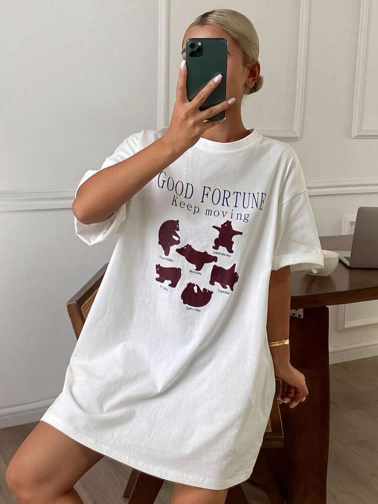 Cute & Playful Bear Pattern Loose Short Sleeve T-Shirt Dress, Cropped Summer Dress For Women