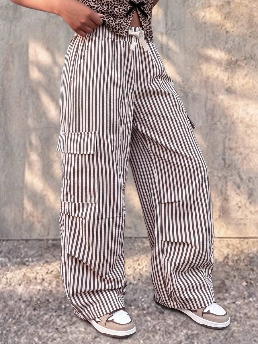 Coolane Kids Tween Girls Summer Striped Flap Pocket Side With Ribbon Drawstring Waist Wide Leg Parachute Cargo Pants Daily Casual Comfy Trousers - Khaki - View 1