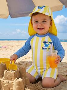 SHEIN Unisex Baby Boy Girl Cute White Yellow Striped Patchwork Long Sleeve Rash Guard Swimsuit,Sun Protection Swimwear For Summer,Vacation,Holiday,Beach - Yellow - View 8
