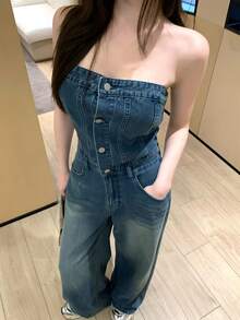 DAZY 复古水洗蓝露肩抹胸上衣风格音乐节休闲街头户外性感女士直筒牛仔裤连体裤，适合春夏穿着 - 中等水洗藍 - 查看 8