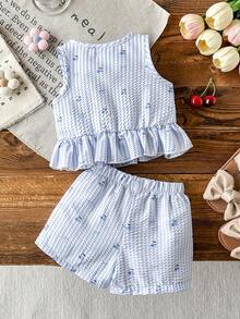 SHEIN Bộ đồ thường ngày cho bé gái, áo ba lỗ cổ tròn in họa tiết quả anh đào và kẻ caro, gồm áo ba lỗ và quần short. - Màu xanh lam - Xem 2