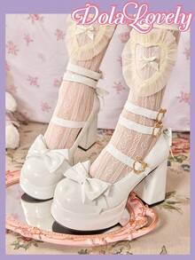 Dola Lovely 女款白色高跟瑪麗珍厚底鞋，蘿莉塔穿搭 JK 穿搭，哥德風 Y2K 穿搭 - 白色蝴蝶 - 查看 4