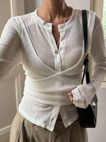 Livesso Tie-Front Sheer Panel Round Neck Women T-Shirt - White - View 4