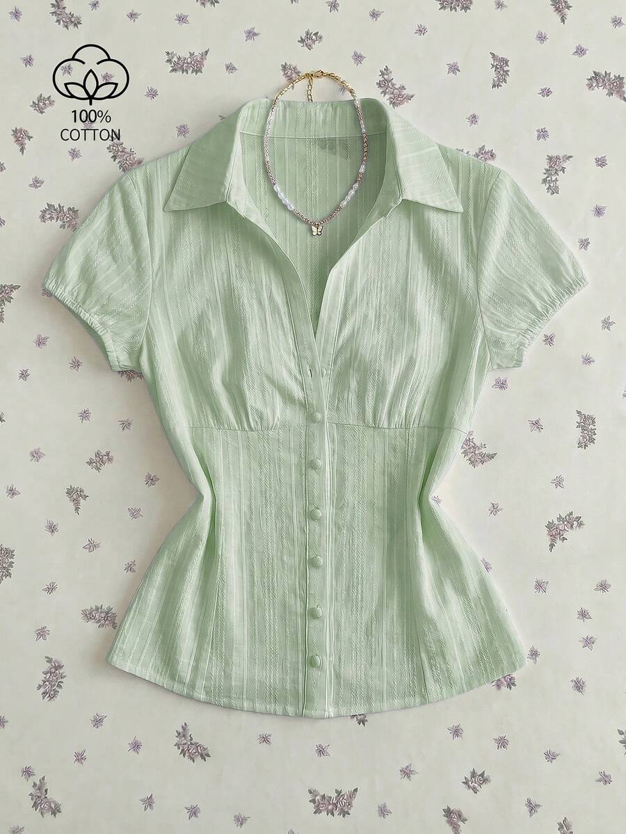 Mori Grove Mori Grove Women's V-Neck Vintage Mushroom Button Textured Jacquard Casual Vacation Cinched Waist Blouse - Green - View 1