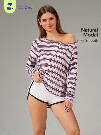 OutZeal Camiseta deportiva para mujer, casual y de estar en casa, de manga larga, de rayas, de material natural y suave, camiseta activa