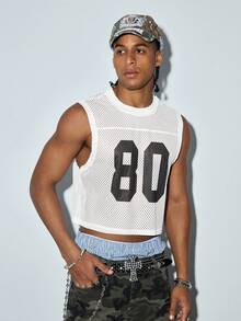 Modcrash Men's Fashionable Sports Mesh Tank Top, Minimalist 97 Graphic Print, Cropped Design, Suitable For Summer Casual And Streetwear - White - View 5