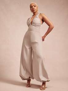 Vixey Solid Woven Ruched Halter Neck Balloon Hem Jumpsuit - Khaki - View 4