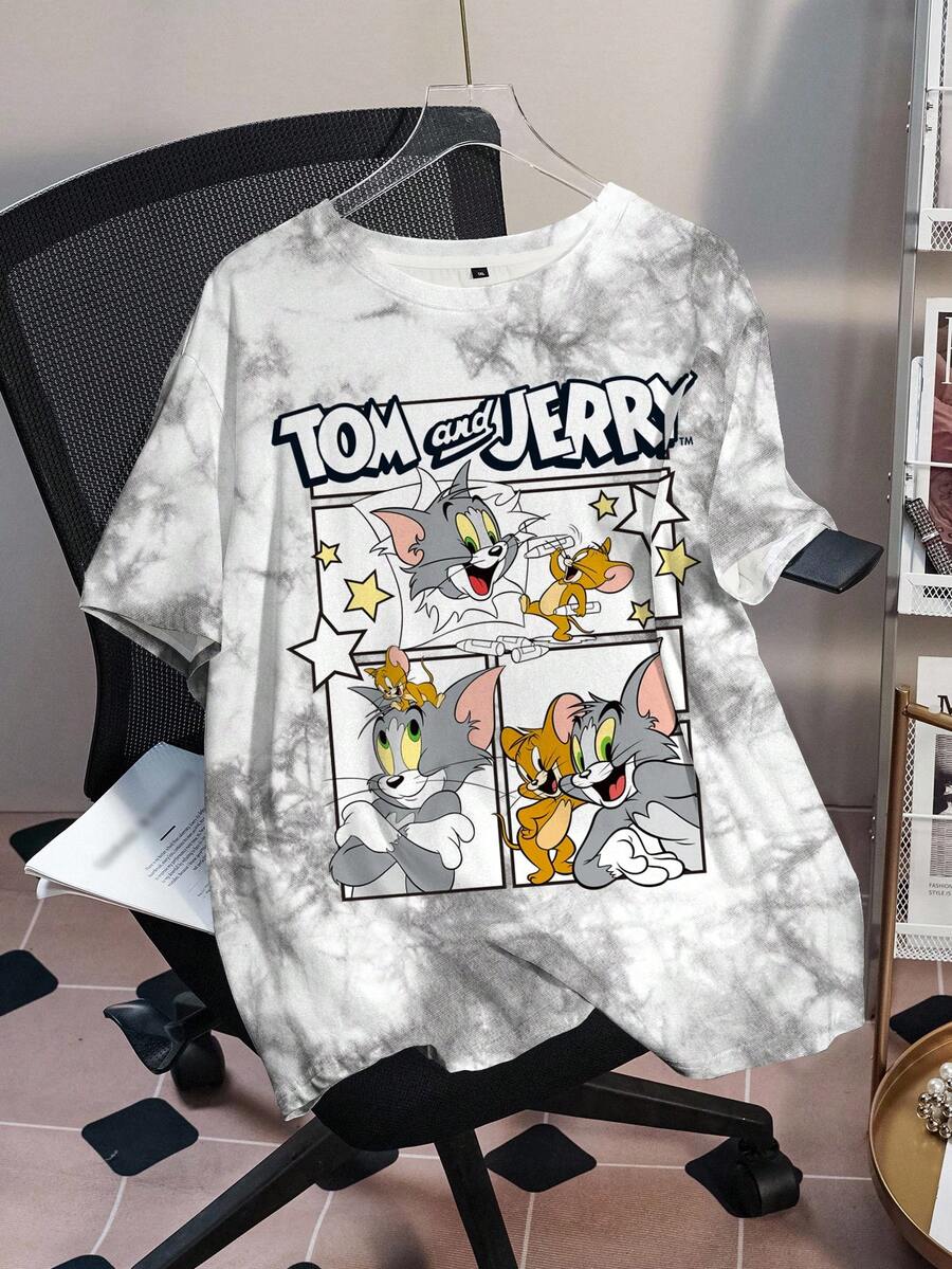 TOM & JERRY X SHEIN Plus Size Summer Street Tie-Dye Cartoon Pattern Round Neck Short Sleeve T-Shirt - White - View 1