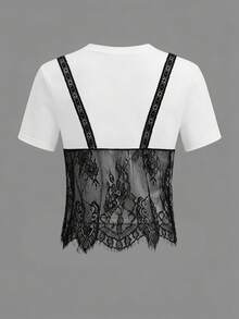 SHEIN PariChic Women's Summer Chic Sexy Everyday Club Night Out Golf White 2 In 1 Lace Camisole T-Shirt, Hollow Floral Lace Overlay V-Neck Short Sleeve Top Black - Black and White - View 2