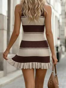 SHEIN Summer Black & White Ribbed Navy Style Contrast Color Knit Dress, Fitted Rib Knit Ruffle Hem Sleeveless A-Line Dress, Commuter Casual Dress For Women - Coffee Brown - View 2
