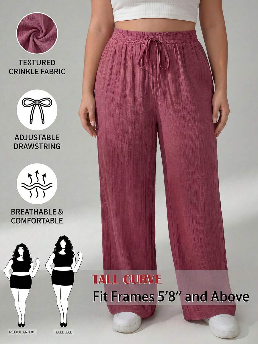 SHEIN Tall CURVE Quần dài nữ cỡ lớn, màu trơn, cạp chun co giãn. - Màu đỏ tím - Xem 1