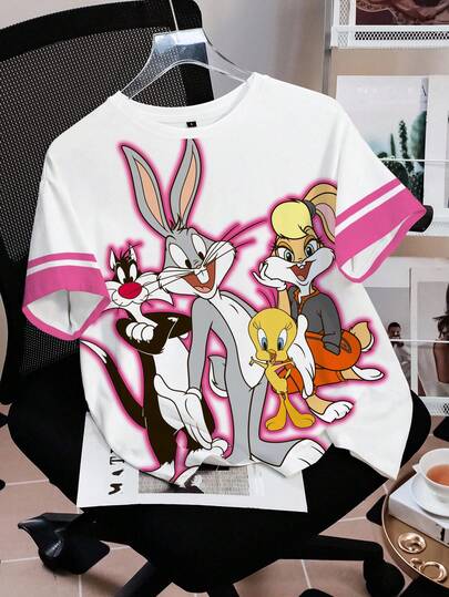 LOONEY TUNES X SHEIN Women's Fashion Cute Striped Contrast Color Short Sleeve T-Shirt