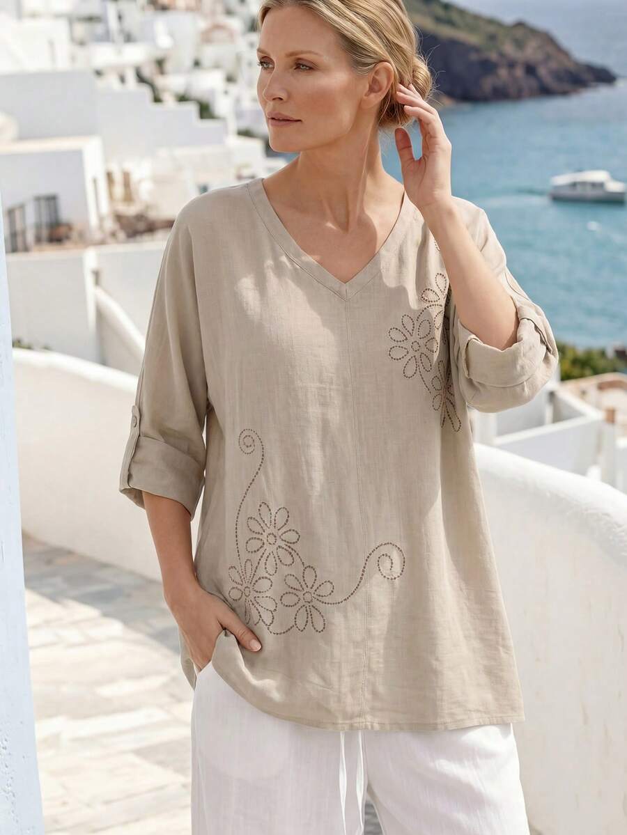 Faunlyn Camisa de mujer con cuello en V y estampado floral, de uso casual y versátil para el día a día - Caqui - Ver 1