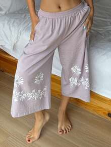 DAZY Bas de pyjama capri à jambes larges avec imprimé rétro pour femmes, convient pour les vacances à la plage - Mauve - Voir 7