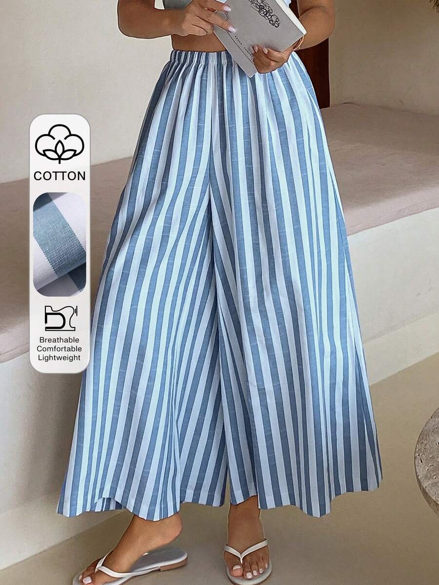 DAZY Women's Loose Striped Wide Leg Pants, Suitable For Summer Vacation & Home Wear - Blue - View 1