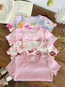 SHEIN Bộ 4 áo thun cổ tròn in hoa cho bé gái, dễ thương và đa năng, phù hợp mặc hàng ngày. - Nhiều màu - Xem 4
