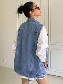 DAZY 女士夏季时尚水洗前襟纽扣翻盖细节无袖牛仔外套 - 藍色 - 查看 5