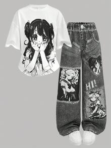 SHEIN Girlism 青少年女孩 2件/套 黑白配色夏季 Y2K 度假返校風 星星圖案針織寬鬆T恤與牛仔效果印花寬鬆工裝褲套裝 - 黑與白 - 查看 4