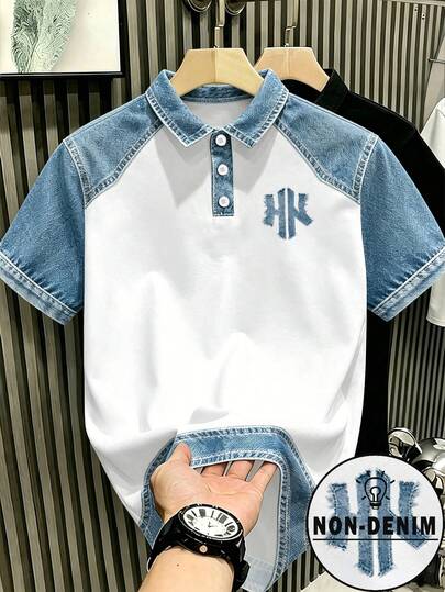 Chillumni Men's  Denim Printed  Patchwork Polo Shirt, Casual Short Sleeve Top, Ideal For Daily, Work, Street & Weekend Wear, Suitable For Adults, Office Workers, Fashion Lovers & Casual Guys
