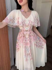 Modelyn 女士V领披肩式设计收腰喇叭形印花雪纺连衣裙 - 彩色 - 查看 7