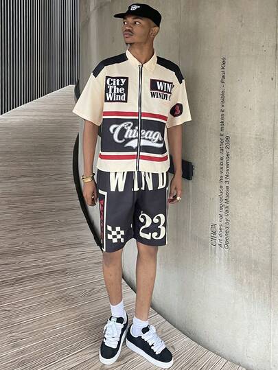 Ngobest Haus Ngobest Haus Manfinity Streetrush Men's Contrast Color Letter Print Zip-Up Shirt And Drawstring Shorts 2-Piece Set