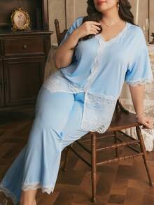Côtesoire Southern France Elegant Contrast Color Lace Plus Size Pajama Knit Set - Baby Blue - View 6