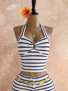 SHEIN Girls' Tank Top And Shorts Set, Featuring A Halter Neck Design, Ruched Detailing And Star And Shell Embellishments On The Top, And Shell And Tassel Details On The Front Of The Shorts. Casual And Simple, Perfect For Everyday Wear In Spring And Summer. - Multicolor - View 6