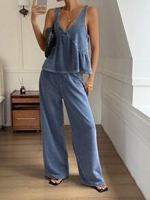 Livesso Bộ đồ denim 2 mảnh dành cho nữ, màu xanh cổ điển, gồm áo hai dây và áo sơ mi denim, quần ống đứng, thích hợp cho công sở và đi nghỉ mát, mùa xuân và hè. - Màu xanh lam - Xem 2