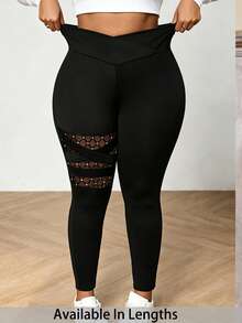 SHEIN PETITE CURVE 大码女式纯色基础款打底裤，撞色网纱透视打底裤，休闲、运动、春季、嘉年华穿着，黑色打底裤 - 黑色 - 查看 1